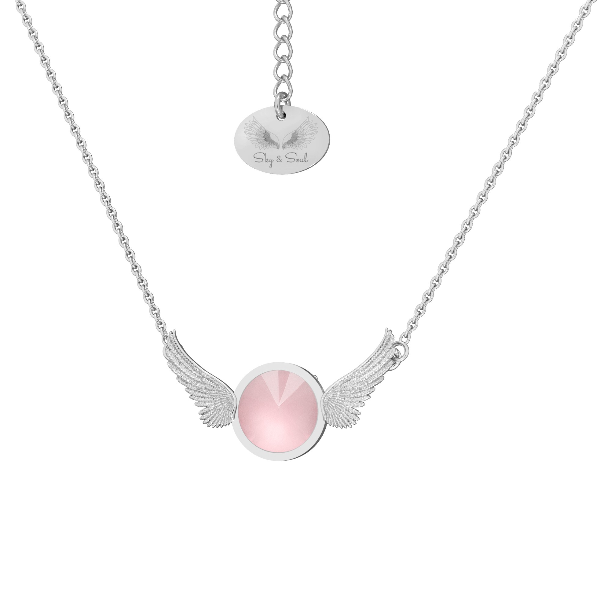 Wings necklace with natural pink stone, Sky&Soul, sterling silver 925