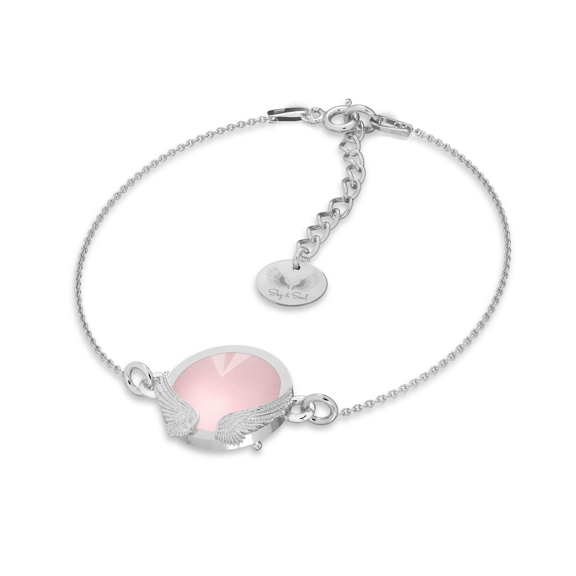 Wings bracelet with natural pink stone, Sky&Soul, sterling silver 925
